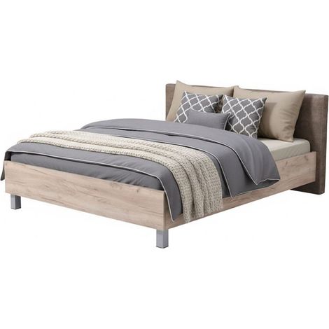 Letto Matrimoniale Maida, Letto Matrimoniale Testiera Imbottita, Imbottito, Dimensione Materasso 160x200 cm, Marrone Rovere Grigio