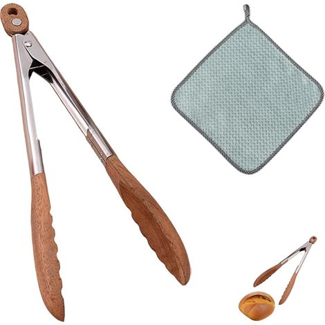 1 pince pour barbecue de 22,9 cm et 1 lingette velours corail, pince alimentaire en bois de noyer à tête de prune + torchon à suspendre vert, convient pour la cuisine et l'extérieur (1/5)