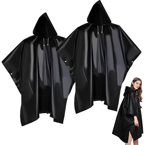 Lot de 2 ponchos de pluie EVA noir brillant unisexe adulte, capuche avec cordon et boutons pression latéraux, cape de pluie imperméable réutilisable pour la marche, le vélo et les festivals (1/5)