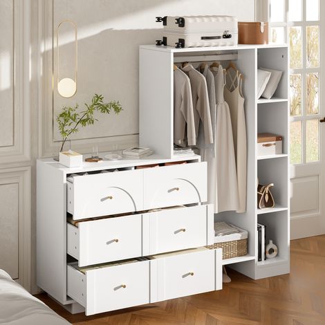 Armario abierto con 6 cajones, barra y estantes laterales, blanco 139 x 35 x 133 cm OKMYHOME (1/5)