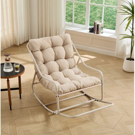 Sedia a dondolo da esterno in acciaio beige con cuscino spesso ad alta densità, movimento regolabile, 75x116x82 cm (1/5)