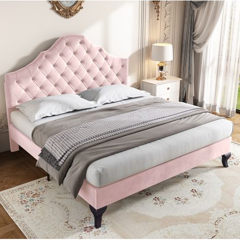 Cama tapizada 140/200 cm rosa de terciopelo con cabecero regulable (1/5)