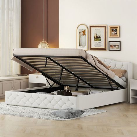 Lit 180x200 cm multifonction beige avec coffre hydraulique, lin & MDF — sommier inclus, sans matelas (1/5)