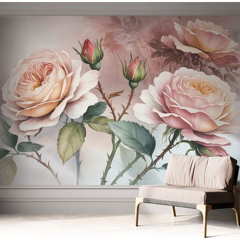 Papier peint adhésif décoratif pour chambre et salon Design moderne à poser facilement Roses pastel 312x219 cm (1/5)
