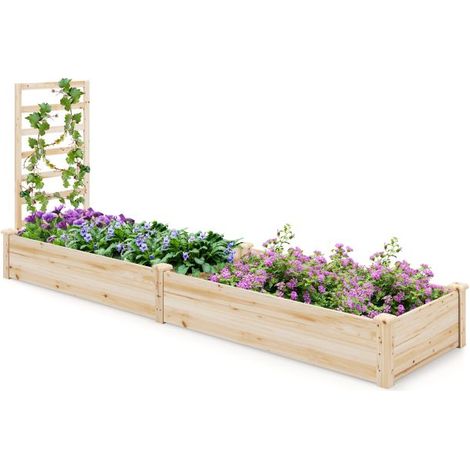 Bac potager carré en bois de sapin 235x63x102 cm avec treillis, 2 compartiments, fond ouvert personnalisable à peindre pour légumes, fleurs et plantes grimpantes (1/5)