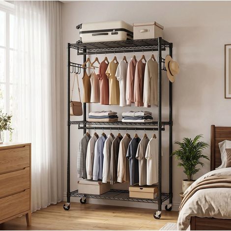 Porte-manteau sur roulettes 3 niveaux avec 2 tringles et crochets latéraux, portant mobile pour chambre, acier noir (1/5)