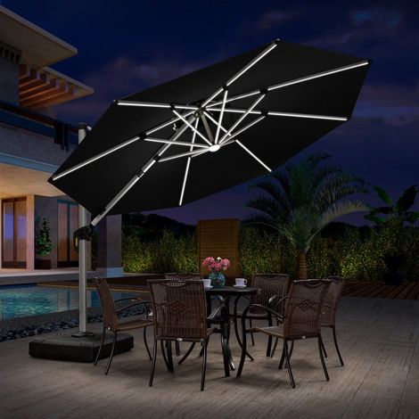 PURPLE LEAF parasol déporté Rond 3,3 m, rotation 360°, double toit ventilé, panneau solaire intégré, 8 baleines LED en aluminium, pour jardin, cour et piscine, Gris
