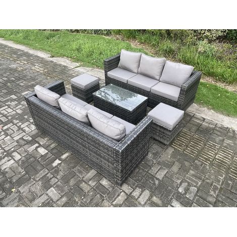 Fimous 8 Seater Rattan Garden Furniture Set Outdoor Patio Sofa Set with Oblong Coffee Table 2 Small Footstools Dark Grey Mixed (1/5)