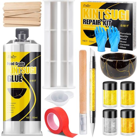 Kintsugi Kit de Réparation - Colle Alimentaire Or & Argent pour Réparation de Poterie et Porcelaine, Céramique pour Bols, Assiettes, Vases, Jades, Cadeaux Significatifs pour les DIY Artistique