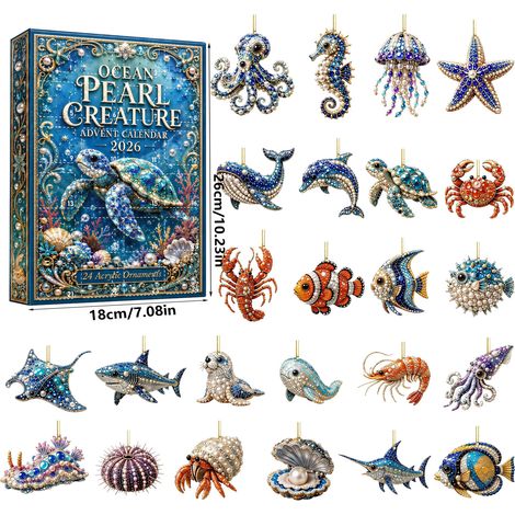 Calendrier de l'Avent Créatures des Perles Océaniques 2026 - 24 décorations suspendues en acrylique 2D représentant des créatures marines nacrées - Décoration pour sapin de Noël - Cadeau idéal pour le (1/5)