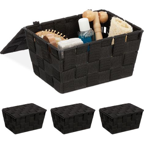 4x Cestino con Coperchio, Portaoggetti da Bagno, PP Intrecciato, HLP 10,5 x 19,5 x 14,5 cm, Nero