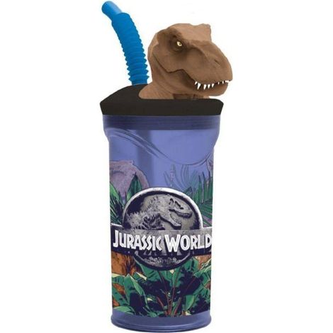 TrAdE Shop Traesio - Bicchiere Con Cannuccia Integrata Jurrasic World In 3d Capienza 360 Ml Per Bimbi -