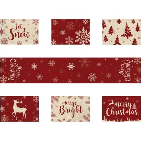 Chemise De Table De Noël - Set De 7 Pièces - Chemise 183 X 33 Cm + 6 Sets De Nappes De Table 45 X 30 Cm - Fibre Polyester - Rouge Et Blanc (1/5)
