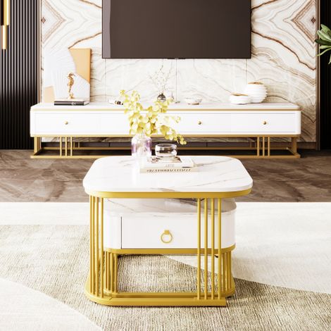 Table basse empilable : aspect marbre haute brillance, accents dorés, table d'appoint avec tiroirs – Ensemble de 2 pièces