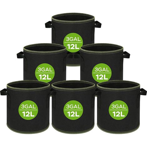 Lot de 6 Sacs de Plantation en Tissu Non Tissé Épais 3 Gallons (12L) Ø22cm×H25cm avec Poignées, Lavables Pliables Respirants,Pots pour Plantes, Fleurs, légumes (1/5)