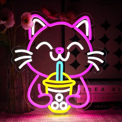 Panneau Boba Cat Neon Lampe Néon à boire Enseigne Néon Chat pour Décoration Murale Enseigne Néon Animalière Enseigne USB à Led pour Bar Magasin Entreprise Boba Tea Party Boutique de boissons (1/5)