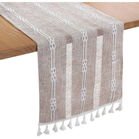 Tischläufer aus Leinen mit Stickerei, für drinnen und draußen, im Landhausstil, Couchtischläufer, 183 cm, mit Quasten, handgefertigt, für Picknick, Hochzeit, 33 x 183 cm, Kaffee