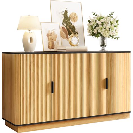 Buffet 4 portes à effet vagues, bois clair, grand meuble de rangement fermé pour salon, entrée ou salle à manger, poignées aluminium et charnières silencieuses  CHICFURN (1/5)