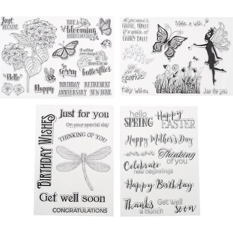 4 feuilles Tampons Transparents Fleur Papillon Libellule Mots de Salutation Motif Sceau pour Fabrication de Cartes Bricolage Scrapbooking Décoration d'album Photo (1/5)