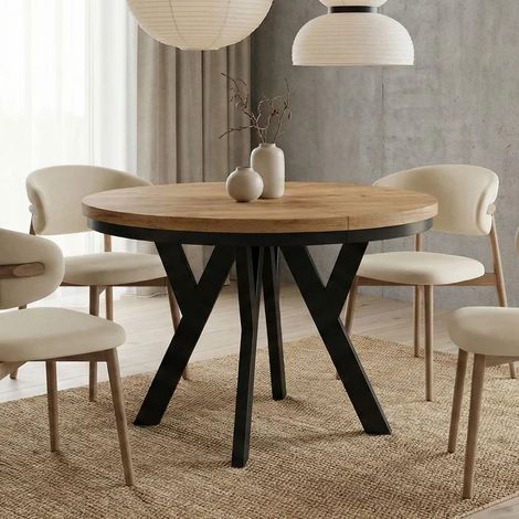 Table de salle à manger ronde extensible PERO avec cerclage métallique, style loft, scandinave, diamètre : 100/150 cm, couleur :Sonoma/noir (1/5)