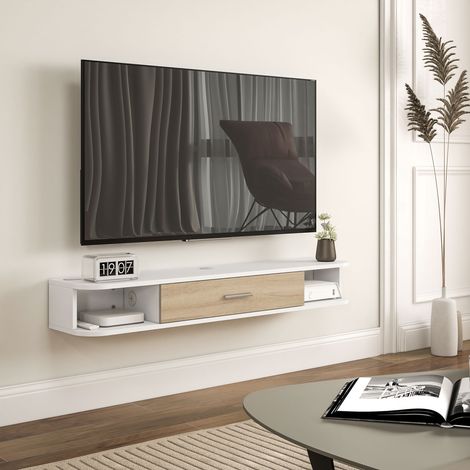 Rangement Meuble TV mural banc jusqu'à 50 pouces avec compartiments ouverts et armoire à porte rabattable - blanc