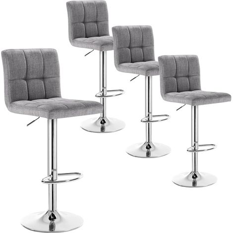 Lot de 4 Tabourets Bar WOLTU, Tabouret Siège en Lin et Pied en Métal Ajustables en Hauteur, avec Dossier, Gris Clair (1/5)