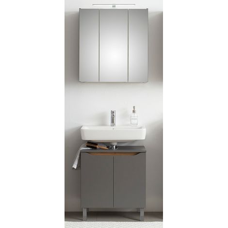 Badezimmer Waschplatz Set mit Spiegelschrank in Quarzgrau Matt Touch mit Riviera Eiche Nb. QENA-66, B/H/T ca. 65/190/33 cm (1/5)