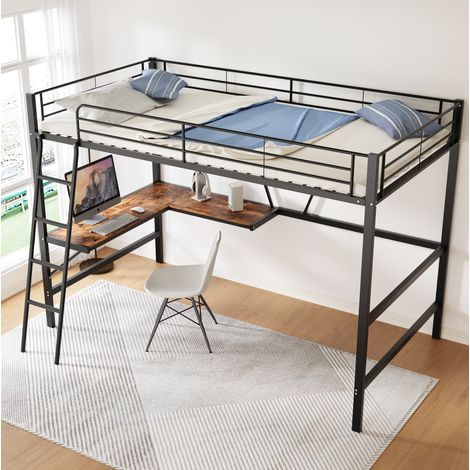 MEUBLIV Lit mezzanine 90x200 cm noir – avec bureau d’angle et étagère, sans matelas (1/5)