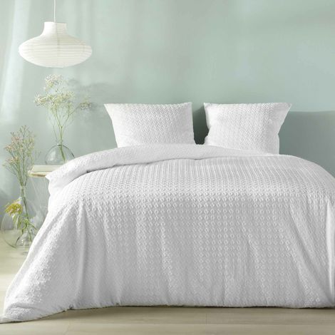 Housse de couette 240 x 220 cm – Microfibre gaufrée ultra douce – Blanc – Effet relief chic + 2 taies