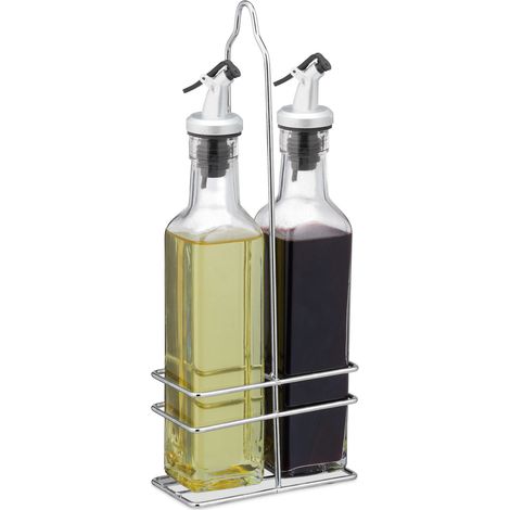 Relaxdays Oil & Vinegar Dispenser, Pour Spout, 2 in 1 Kitchen Accessory, Bottles with Holder, 2 x 250 ml, Transparent