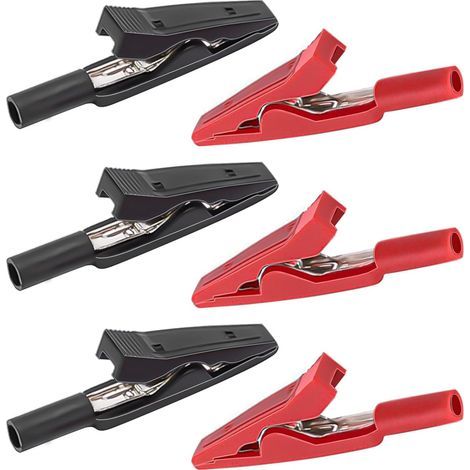 Jeu de 6 pinces crocodiles 41,5 mm avec poignées en plastique rouge et noir, laiton nickelé, manchons isolants PVC pour travaux électriques (1/5)