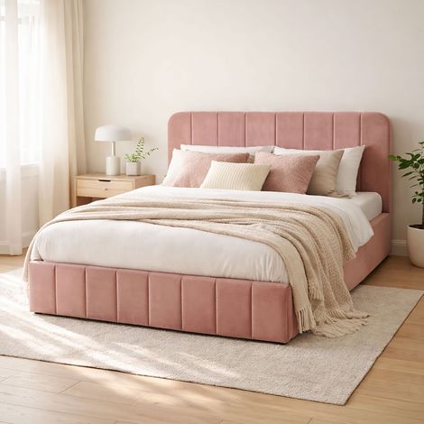 Lit coffre 140x190 velours vieux rose + tête de lit + sommier à lattes (1/5)