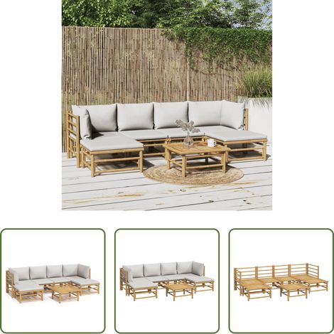 Bambusmöbel -  7-tlg. Garten-Lounge-Set mit Hellgrauen Kissen Bambus (1/5)
