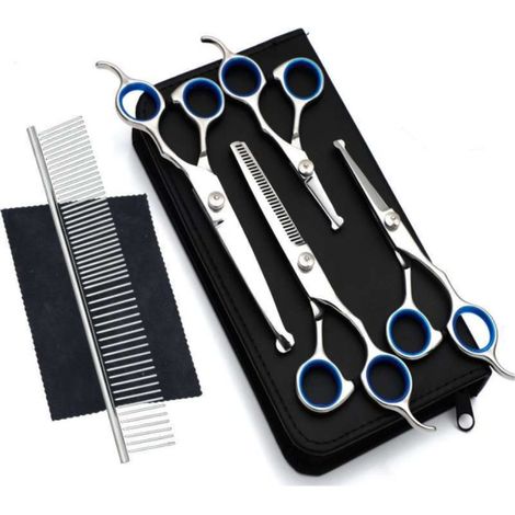 Forbici per toelettatura cani, kit per toelettatura cani in acciaio inossidabile con punte di sicurezza rotonde, incluse forbici sfoltitrici, forbici curve, forbici dritte, pettine per toelettatura B (1/3)