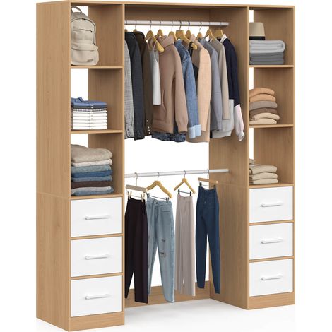 Dressing double penderie + double colonne L. 140 cm UPPAH avec 6 étagères et 6 bacs en tissu bois et blanc (1/5)