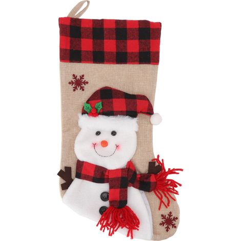 Chaussette de Noël en toile de jute à motif 3D rouge à carreaux, décoration de Noël suspendue pour la maison, bonhomme de neige (1/5)