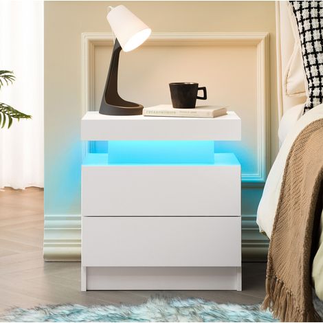 Nachttisch Weiß aus Holzwerkstoff mit 2 Schubladen, offenem Fach und verstellbarer LED-Beleuchtung (1/5)