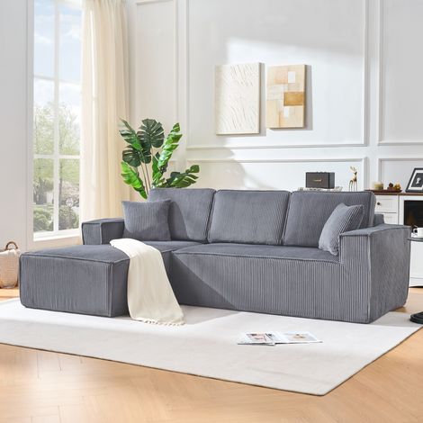 REDOM - Canapé d'angle modulaire 3 places convertible avec méridienne, montage simple, tissu corduroy gris (1/5)