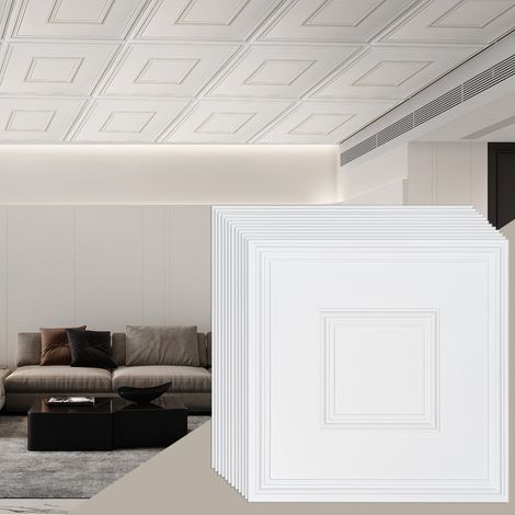 Dalles de Plafond PVC, Lot de 12, Tuiles de Plafond Plastique à Coller, 605x605 mm, Installation Découpe Facile, Revêtement de Plafond pour Décoration de Maison, Bureau, Motif Géométrique, Blanc (1/5)