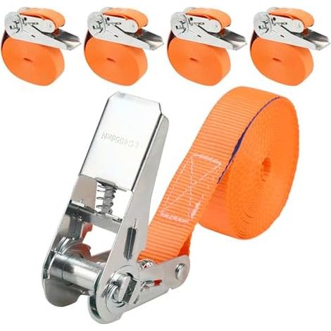 4 Pièces Sangle A Cliquet,800kg Sangle Arrimage,25 mm x 5 m Sangles à Cliquer,sans Crochet,Selon DIN en 12195-2,pour Les Gros camions, Chariots, Motos et Bagages(Orange) (1/5)