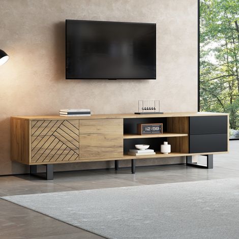 Meuble TV avec pieds en métal, 180 x 40 x 50 cm, meuble bas aspect bois pour salon, en panneaux de particules, charge maximale de 30 kg, avec deux tiroirs, structure à trois niveaux, compatible avec l (1/4)
