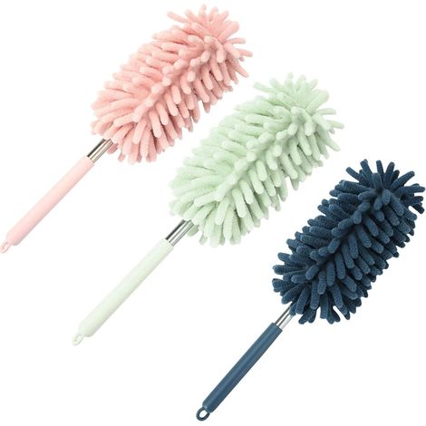 Lot de 3 brosses à épousseter rétractables à longue portée lavables en microfibre avec manche télescopique en acier inoxydable, tête en chenille, bleu, rose, vert (1/4)