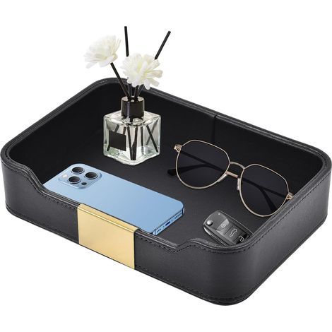 Plateau de Rangement de Bureau en Cuir de Luxe Organisateur décoratif pour Bijoux,Plateau de Rangement Cuir,Corbeille a courrier,Montres,cosmétiques,clés,téléphone,Portefeuille,Noir (1/5)