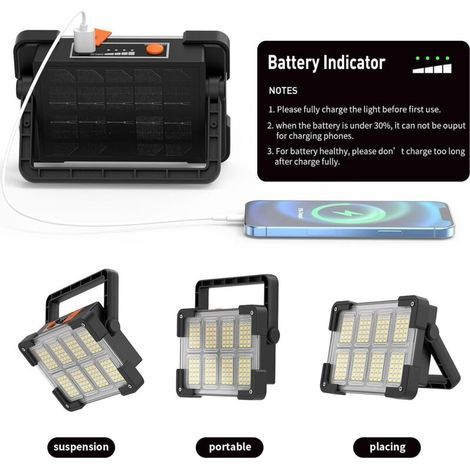 Lampe De Travail LED Portable Rechargeable – Panneau Solaire Intégré, Sans Marque