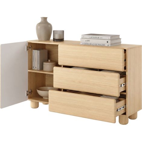 Credenza Hanerito, 3 Schubladen, ein Regal, Schwenk- und Schiebetüren, 130x38x80h cm, Eiche Braun