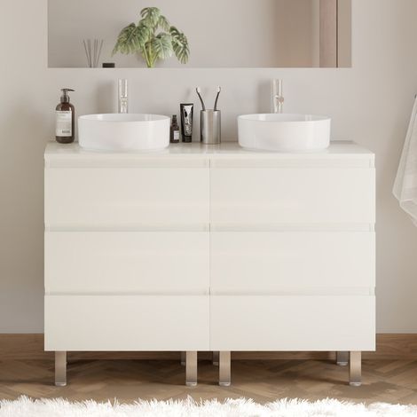 Meuble de salle de bain 120cm avec plateau et 2 vasques à poser rondes - 6 tiroirs - sans miroir - blanc brillant - MAYOR