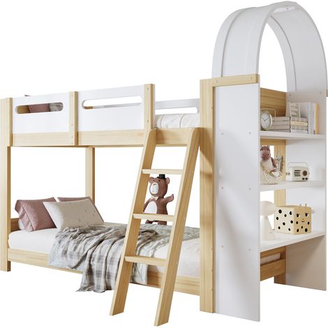 Lit superposé enfant bois massif+MDF blanc/naturel 90x200 cm avec étagère 3 niveaux, échelle et barrières, sommiers à lattes (1/5)