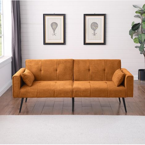 Divano letto in tessuto arancione, struttura in legno e pannelli, piedi in metallo, design semplice ed elegante (1/5)