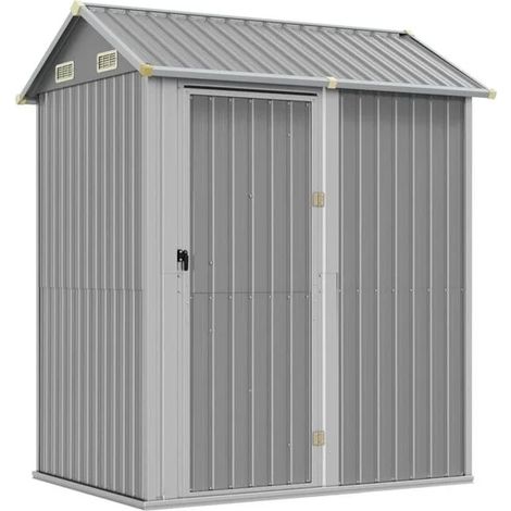 Un chalet de jardin gris clair, mesurant 192 x 152,5 x 237 cm, construit en acier galvanisé. (1/5)