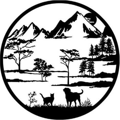 Art mural en métal montagne et forêt,Décoration murale chien et chat,Sculpture murale rustique,Décoration d'intérieur pour jardin et extérieur 40cm (1/4)